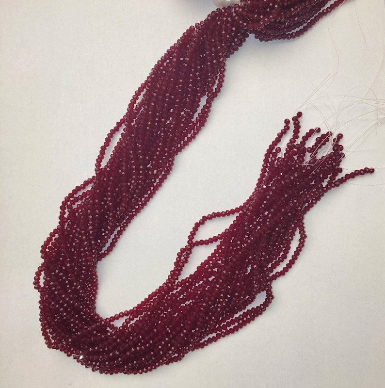 Mărgele rondel din cristal ceh, roșu închis, transparente, facetate, diametrul 3×2,5 mm, lungime 38 mm, pe fir