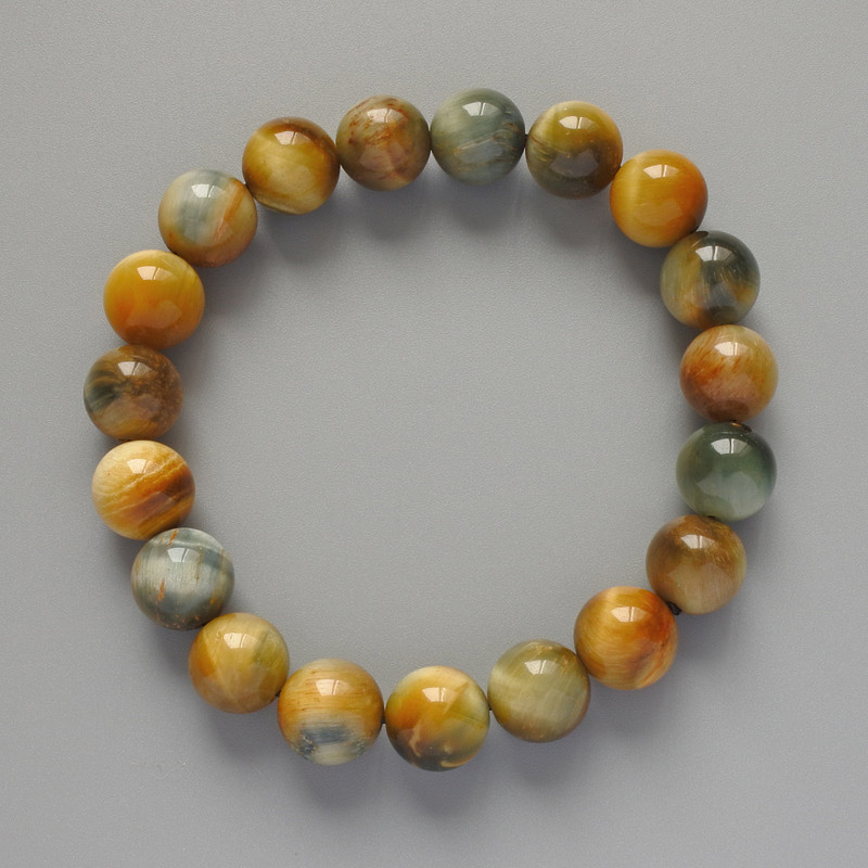 Brățară cu ochiul pisicii galben-gri, din piatră naturală, bile netede, diametrul 10,5 mm, lungime 18 cm, pe elastic