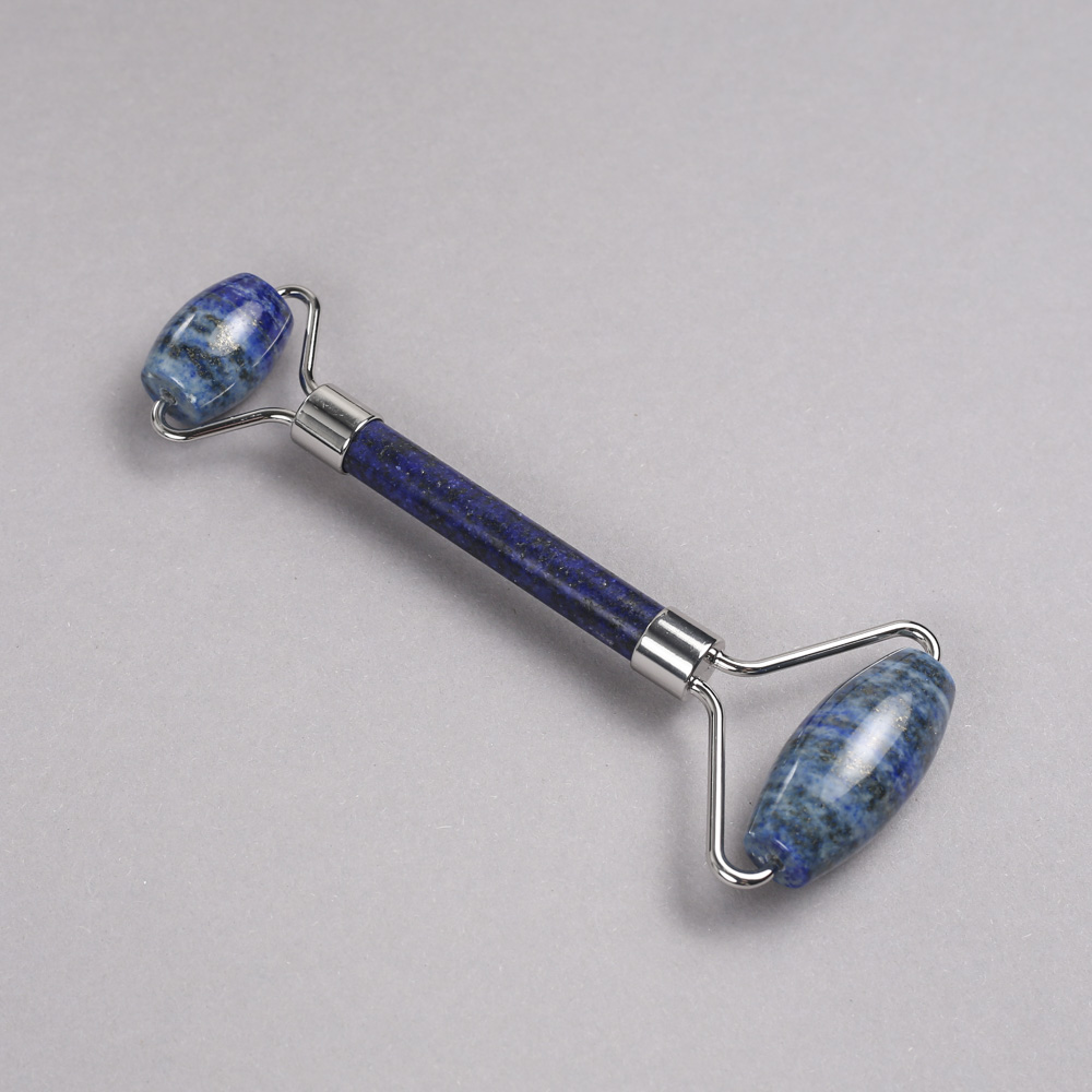 Masajer roller din piatră Lazurit, dublu, lungime 14,5 cm, corp metalic argintiu