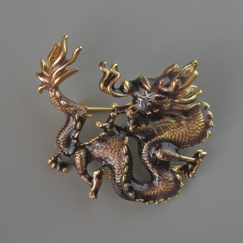 Broșă-pandant Dragon cu email maro, metal auriu 44×37 mm