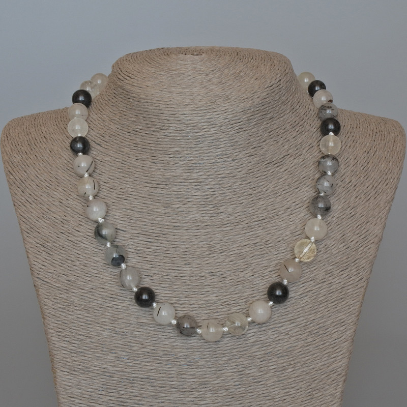 Colier din cuarț rutilit cu fibre, piatră naturală, bile netede, diametrul 10 mm, lungime 49 cm