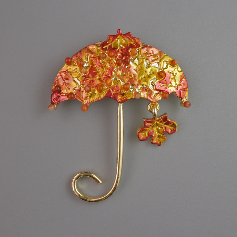 Broșă Parasol portocaliu și galben, email, mărgele, metal auriu 62x50 mm