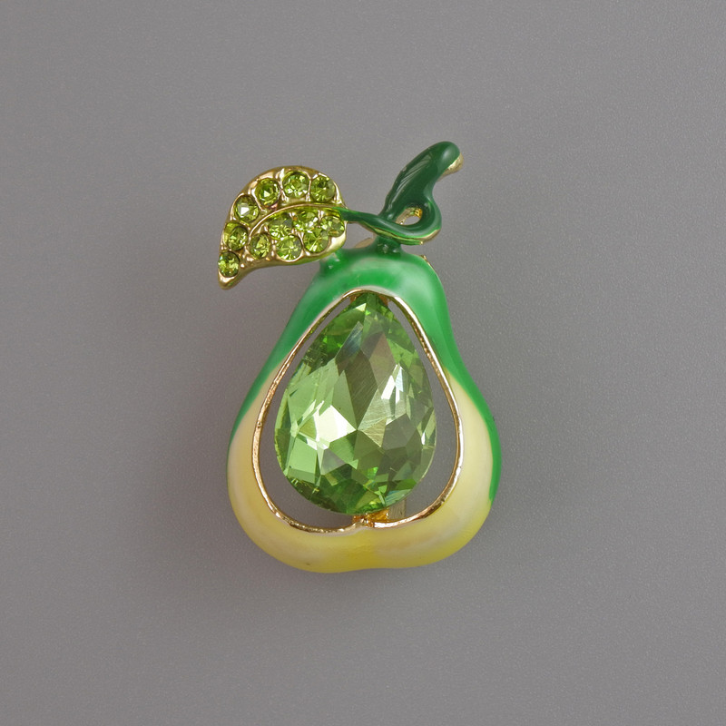 Broșă Pară verde cu email și strasuri