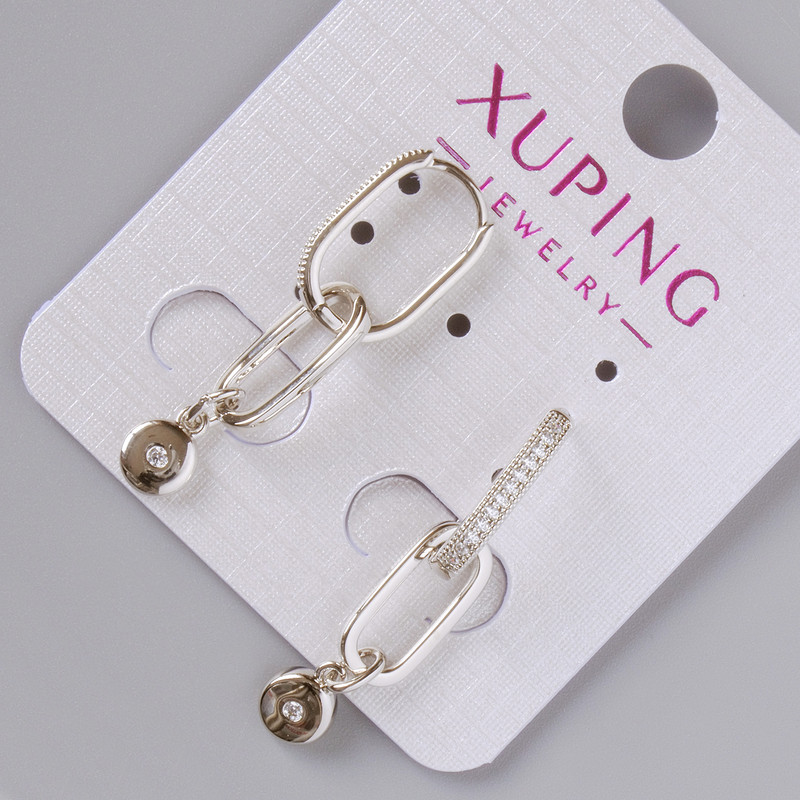 Cercei Xuping cu strasuri albe, diametru 15×2 mm, lungime aproximativă 35 mm, placare cu rodiu