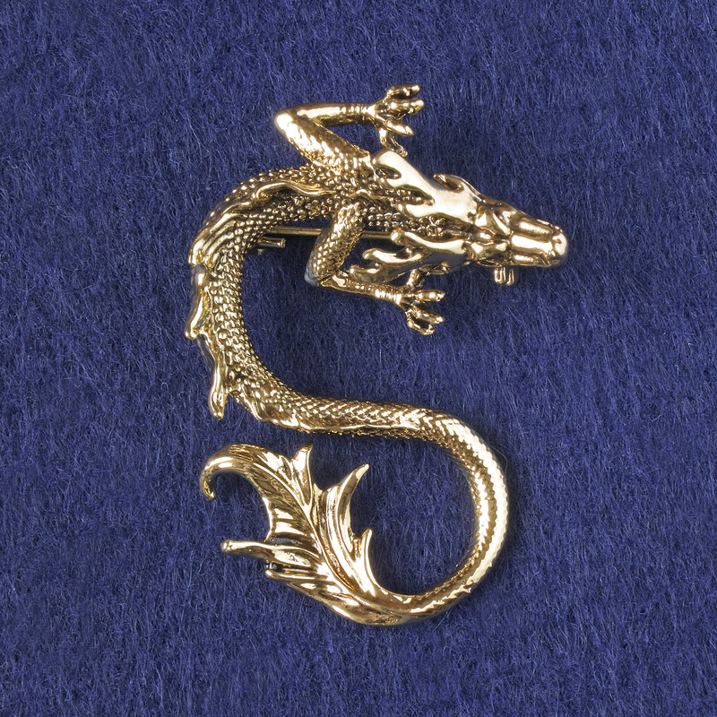 Broșă pandantiv Dragon, metal auriu, 44×30 mm +