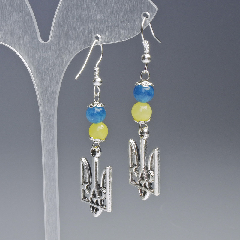 Cercei «Stema», diametrul 15 mm +- cu mărgele de citrin și acvamarin, diametrul 6,5 mm +-, lungime 60 mm +-, culoare metalului argintiu