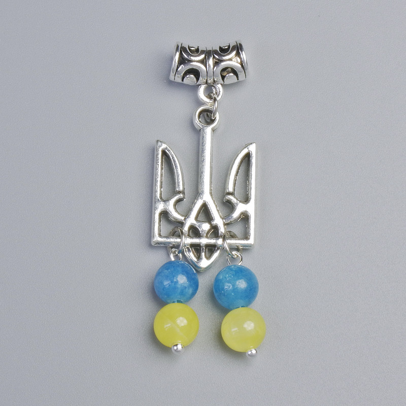 Pandantiv „Stema”, diametrul 15 mm +/- cu mărgele citrin și acvamarin, diametrul 6,5 mm +/-, lungime 49 mm +/- culoare argintie a metalului