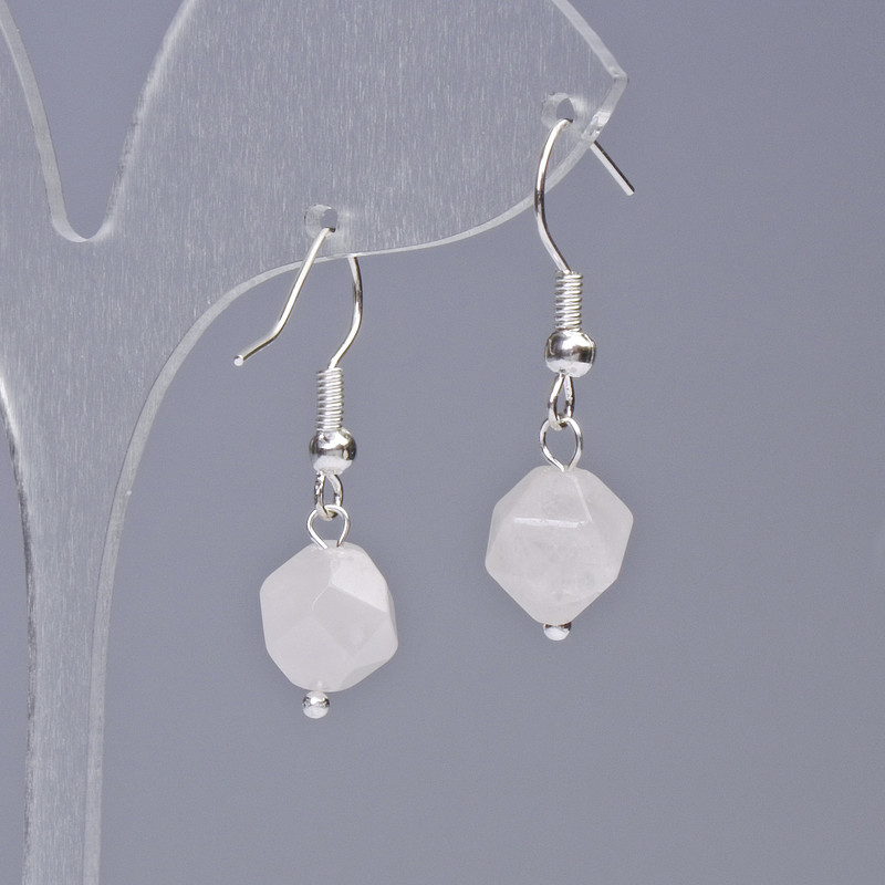 Cercei din cuarț roz, piatră naturală, tăietură multifacetată, diametrul 9x10 mm +-, lungimea 31 mm+-