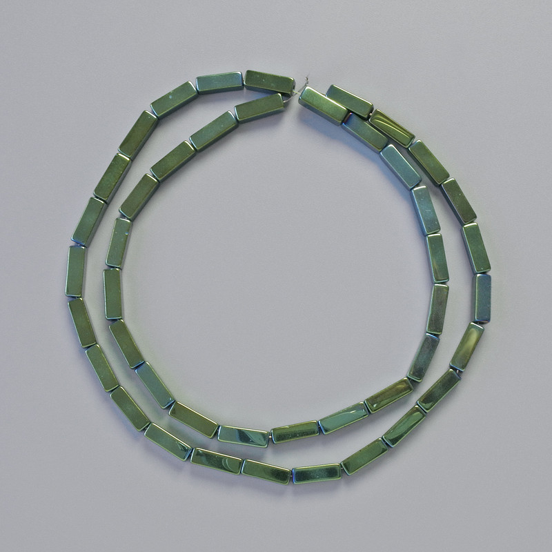 Mărgele de hematit dreptunghiulare 9×3 mm +/- culoare verde camaleon, șir