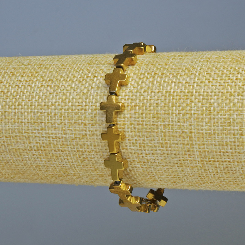 Brățară hematit «Crucea» culoare aurie, diametru 9x7x1,5 mm, lungime 18 cm +/- (elastic)