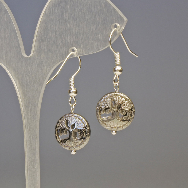 Cercei din hematit, lemn și argint, diametru 12×4 mm, lungime 3,2 cm