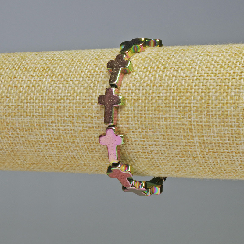 Brățară hematit 'Cruce' culoare camaleon, diametru 10×14×4 mm, lungime 18 cm, cu elastic