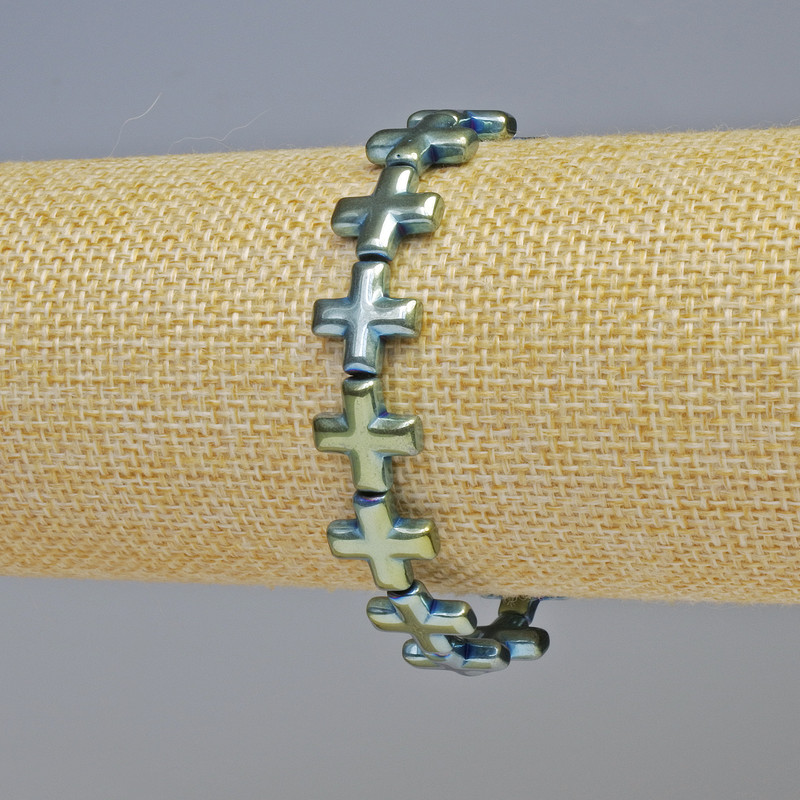 Brățară din hematit „Cruce” în nuanțe verde-albastru, diametrul 12,5×12,5 mm ±, lungime 18 cm ± elastic