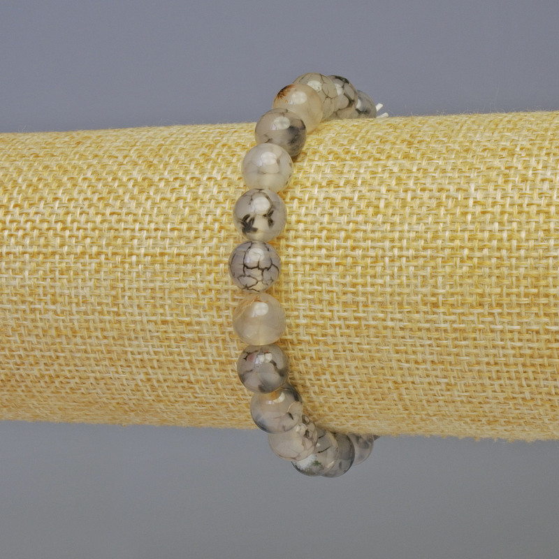 Brățară din agat Venele Dragonului, cu mărgele netede, diametrul 8 mm, lungime 18 cm, pe elastic