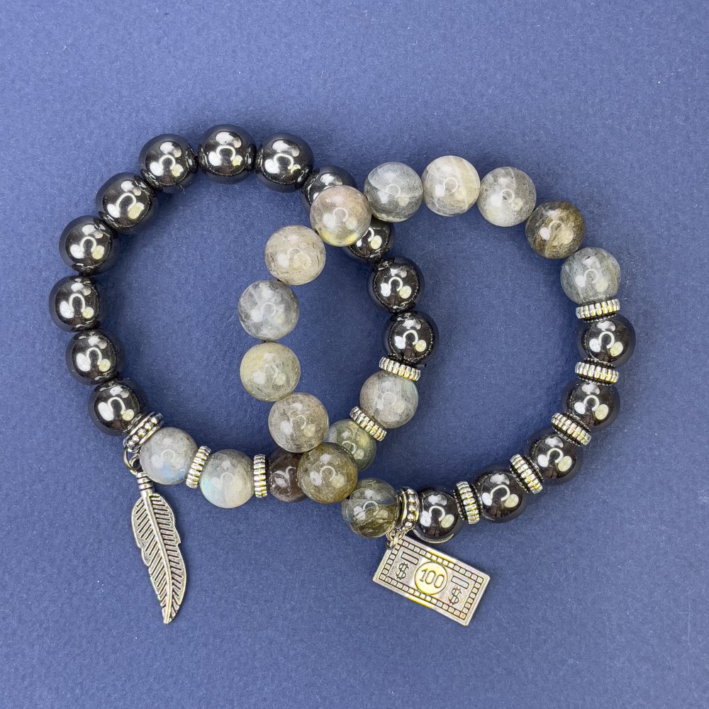 Set de brățări din labradorit și hematit, mărgele netede de 10 mm +/-, cu inserții metalice, lungime 18 cm +/-, pe bază elastică