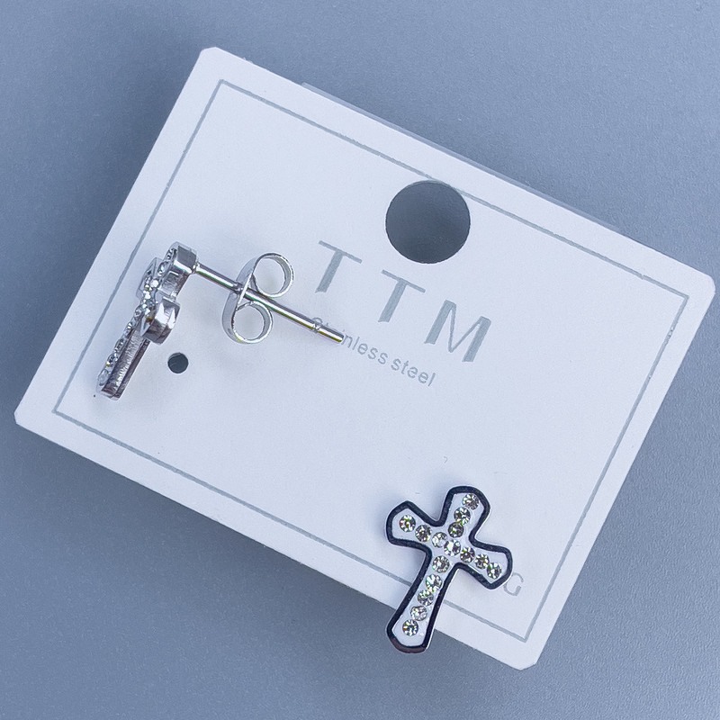 Cercei cu știft Xuping în formă de cruçe, cu strasuri albe pavé, 12×9 mm, placare cu rhodiu