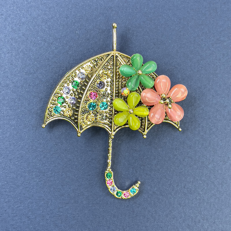 Broșă-pendul Parasol multicolor, ochi de pisică cu cristale, metal auriu, 50×63 mm