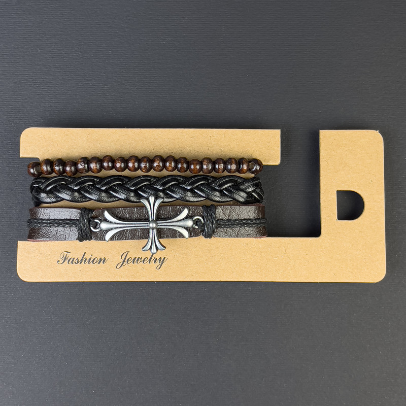 Brățară triplă din piele ecologică, inserție în formă de Cruce, reglabilă, lungime 18-24 cm, maro și negru