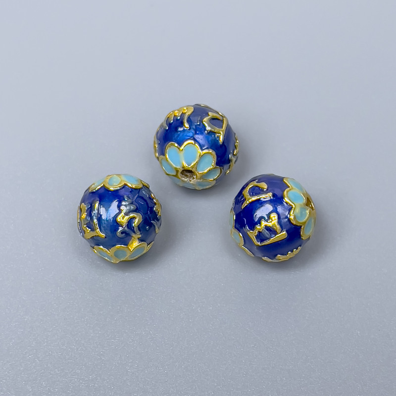 Mărgea Cloisonné albastru deschis email, diametru 10 mm, gaură de 1,5 mm, culoare metal auriu, 1 bucată