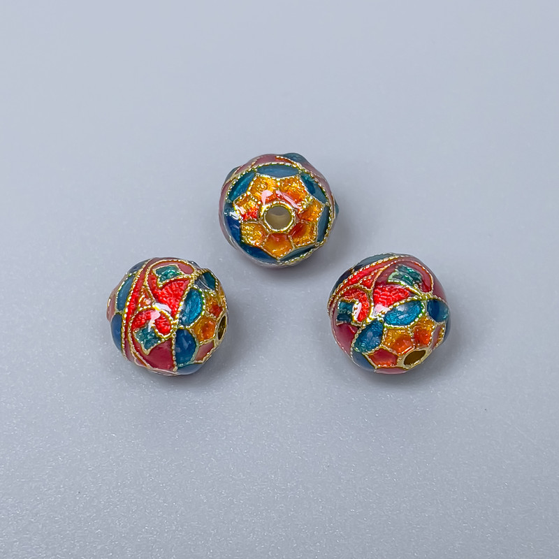 Mărgea Cloisonné turcoaz-roșu email, diametrul de 10 mm, gaura de 1,5 mm, culoare metalică aurie, 1 bucată