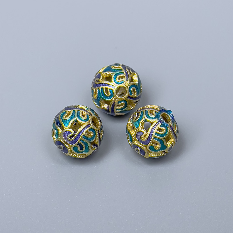 Mărgea Cloisonné albastru-turcoaz, email, diametrul 10 mm, gaură de 2 mm, culoare metal auriu mat, 1 bucată