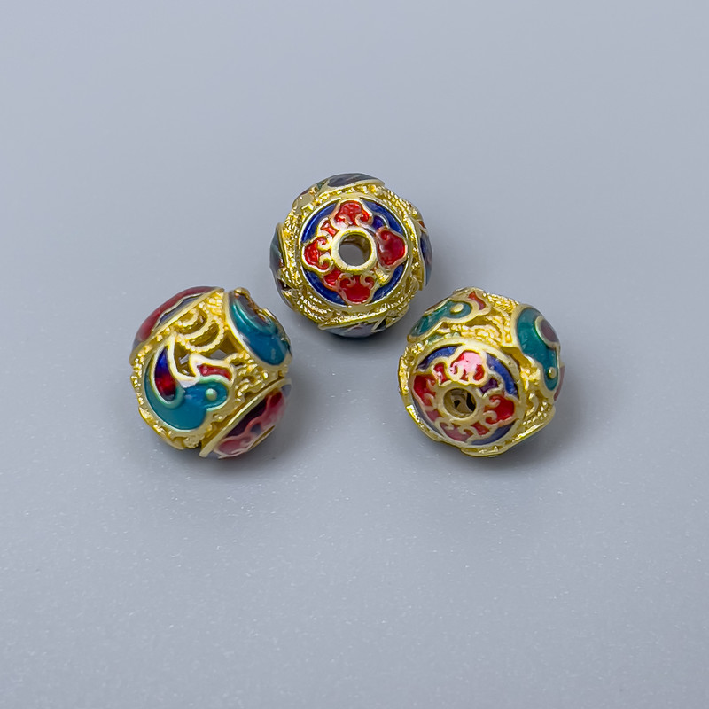 Mărgea Cloisonné turcoaz-roșu-albastru email, diametrul 10 mm, gaură de 1,8 mm, culoare metal auriu, 1 bucată