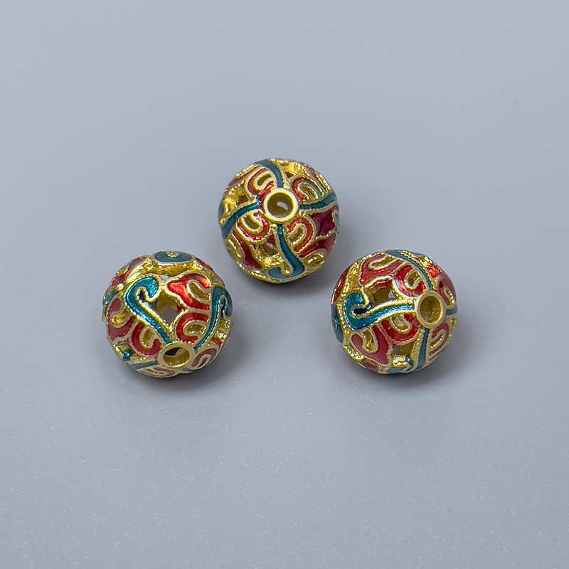 Mărgea cloisonné roșu-turcoaz, email, diametru 10 mm, gaură de 2 mm, culoare metalică aurie, 1 bucată