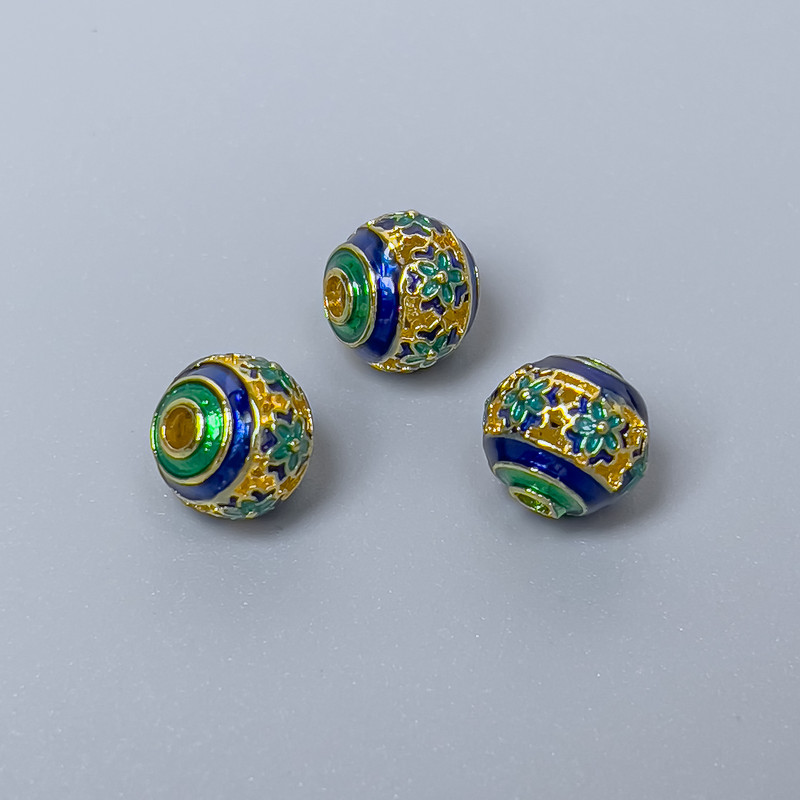 Mărgea Cloisonné albastru-verde email, diametrul 8 mm, gaură de 1,5 mm, culoare aurie a metalului, 1 bucată
