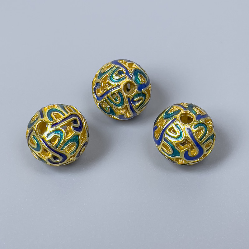 Mărgea Cloisonné albastru-turcoaz email, diametrul de 10 mm, gaură de 2 mm, culoare metalică aurie, 1 bucată