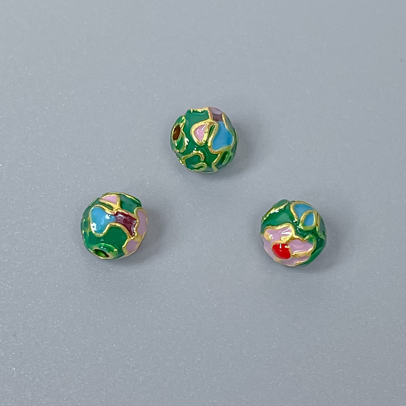 Mărgea Cloisonné verde-mov email, diametru 6 mm, gaură de 1 mm, culoare metal auriu, 1 bucată