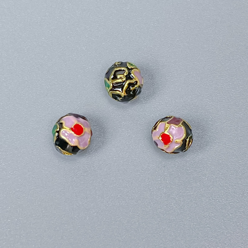 Mărgea Cloisonné cu email negru, mov și verde, diametru 6 mm, gaură de 1 mm, culoare metal aurie, 1 bucată