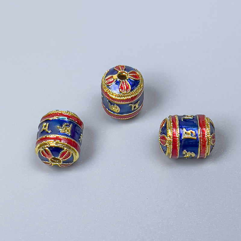 Mărgea Cloisonné cilindrică, email albastru-roșu, diametrul 8×10 mm, gaură de 1 mm, culoare metalică aurie, 1 bucată