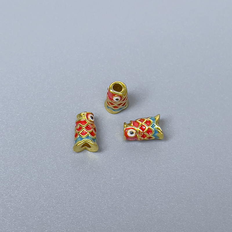 Mărgea Cloisonné cilindrică, pește roșu-verde, email, diametrul 4×7 mm, gaură de 1,5 mm, culoare metal auriu, 1 bucată