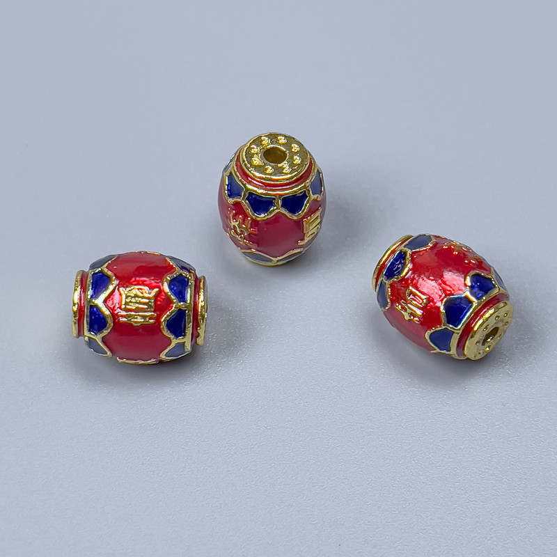 Mărgea Cloisonné baril, email roșu-albastru, diametru 10x8 mm, gaură de 1,8 mm, culoare aurie a metalului, 1 bucată