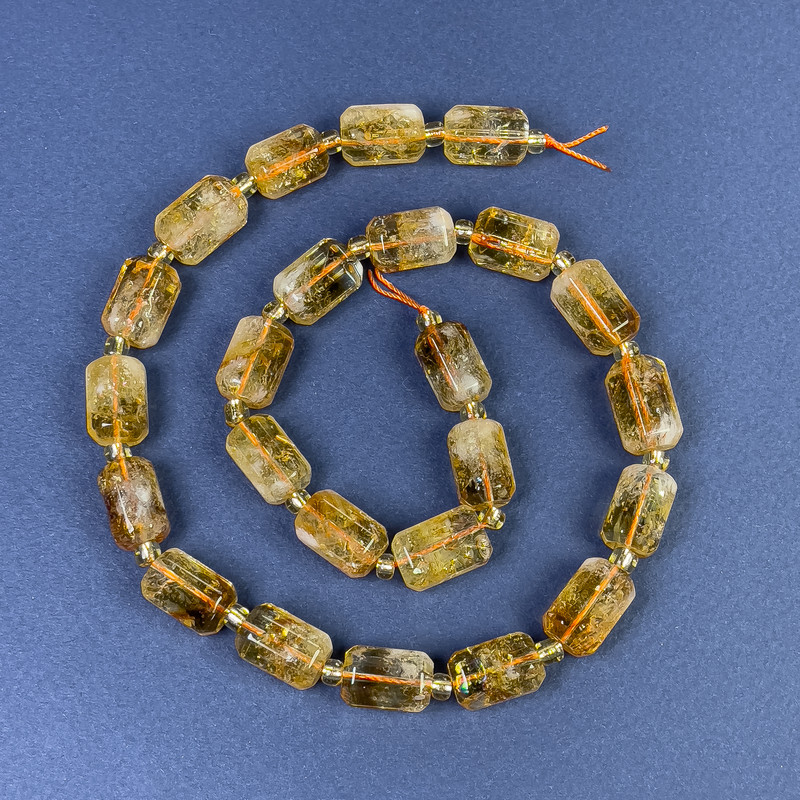 Mărgele citrin tăiate cilindrice 14x9 mm +- cu mărgele de 4x2 pe șnur, lungime 39 cm+