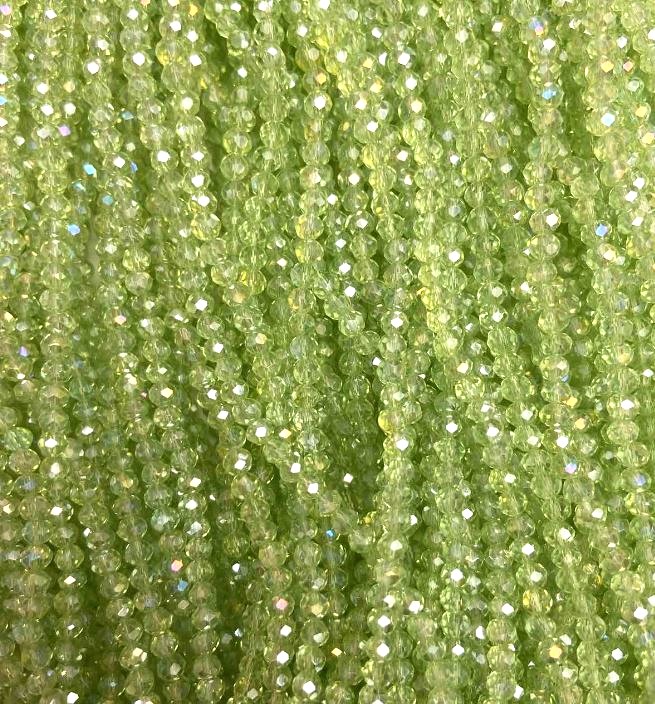 Mărgele din cristal ceh, verde salată cu reflexe petrol, rondeluri tăiate, diametru 3x3 mm (+/-), lungime 32 cm (+/-)