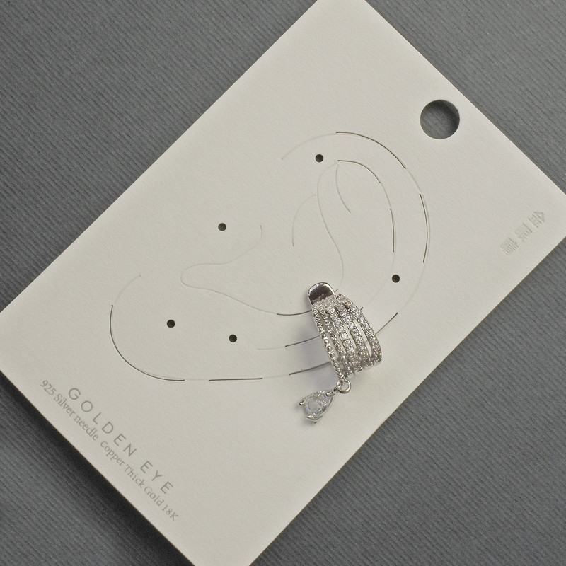 Cercei caf la ureche, metal argintiu, 10x14 mm, cu strasuri albe