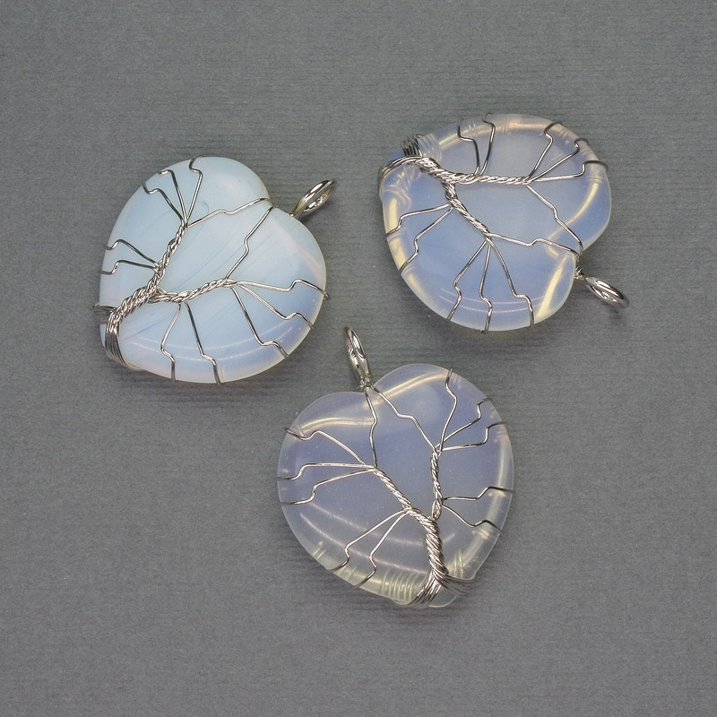 Pandantiv Inimă din piatră lunară în înfășurare argintie, diametrul 30x30 mm, lungimea 37 mm