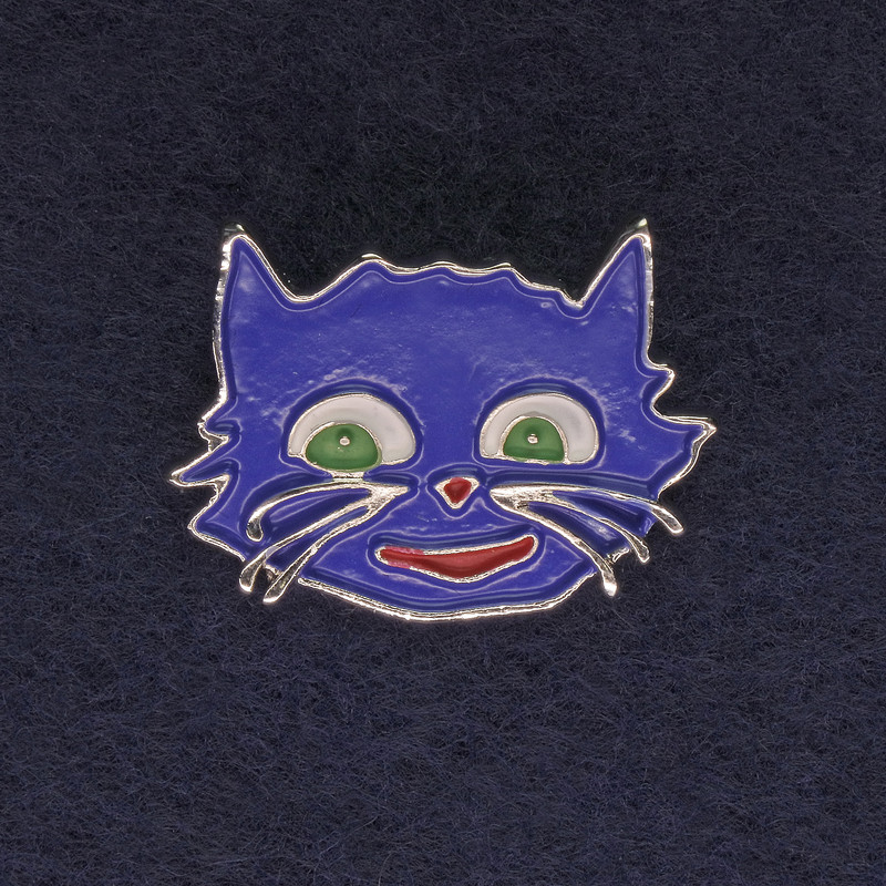 Broșă Pisică, culoare albastră, email, metal argintiu, 27×22 mm+
