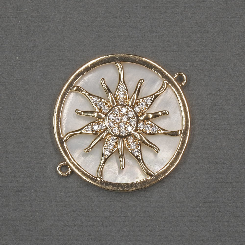 Conector Soare cu perlă naturală, 25x30x3mm ± metal auriu