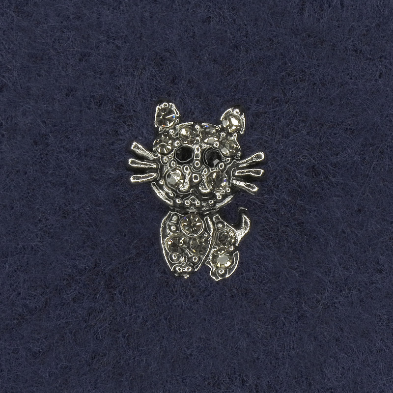 Broșă Pisică cu strasuri albe și negre, metal argintiu 11x15 mm+