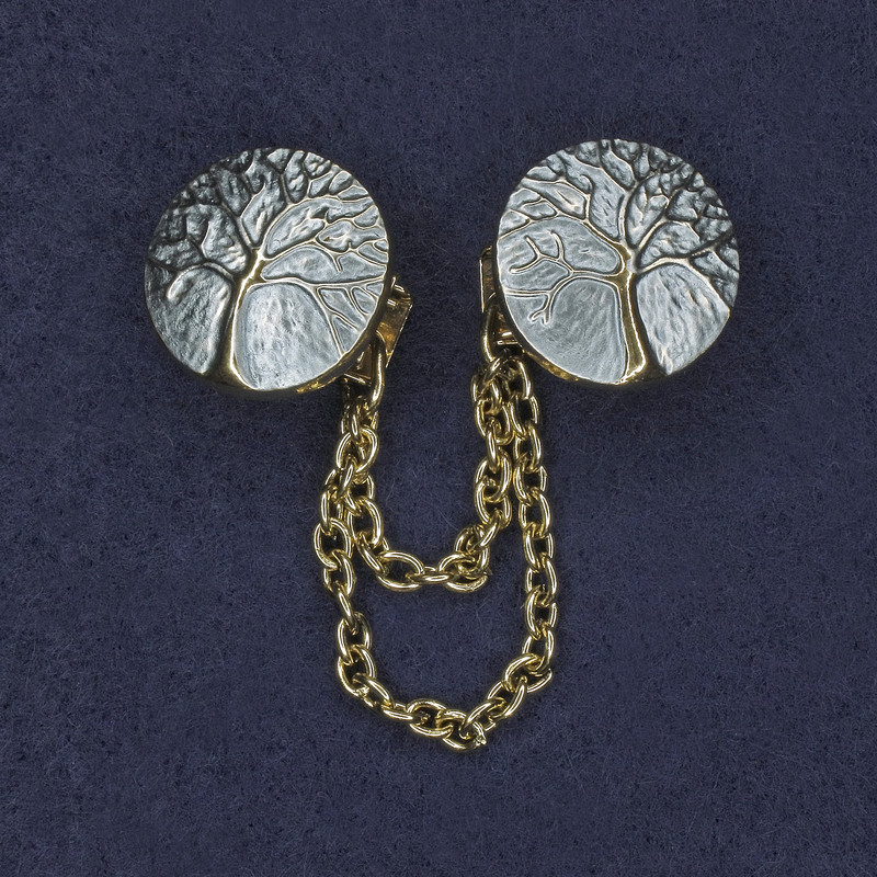 Broșă pentru cardigane, email albastru deschis, metal auriu, diametru de aproximativ 20 mm, lanț de aproximativ 9 cm