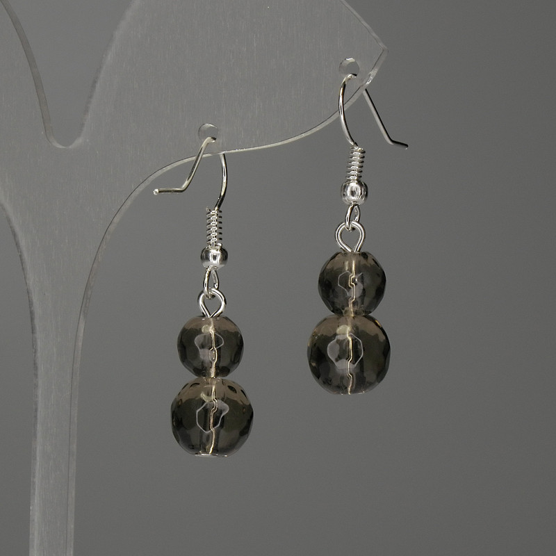 Cercei cu cuart fumuriu, bile tăiate, 8–10 mm, lungime aproximativă 38 mm