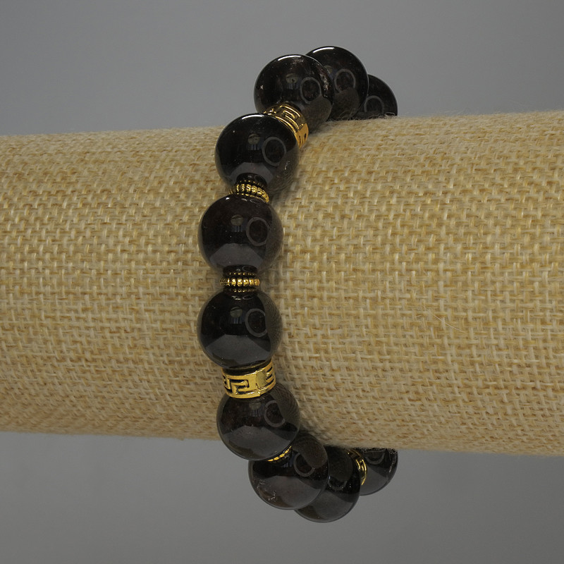 Brățară cu granat, mărgele netede, diametru aproximativ 12 mm, cu inserții metalice, lungime 18 cm, elastic