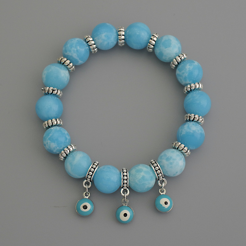 Brățară din larimar, mărgele netede, diametru aproximativ 10 mm, cu inserții metalice, lungime 18 cm, pe bază elastică