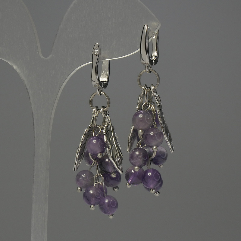 Cercei «Gronă de ametist» cu bile de 6 mm, lungime 55 mm