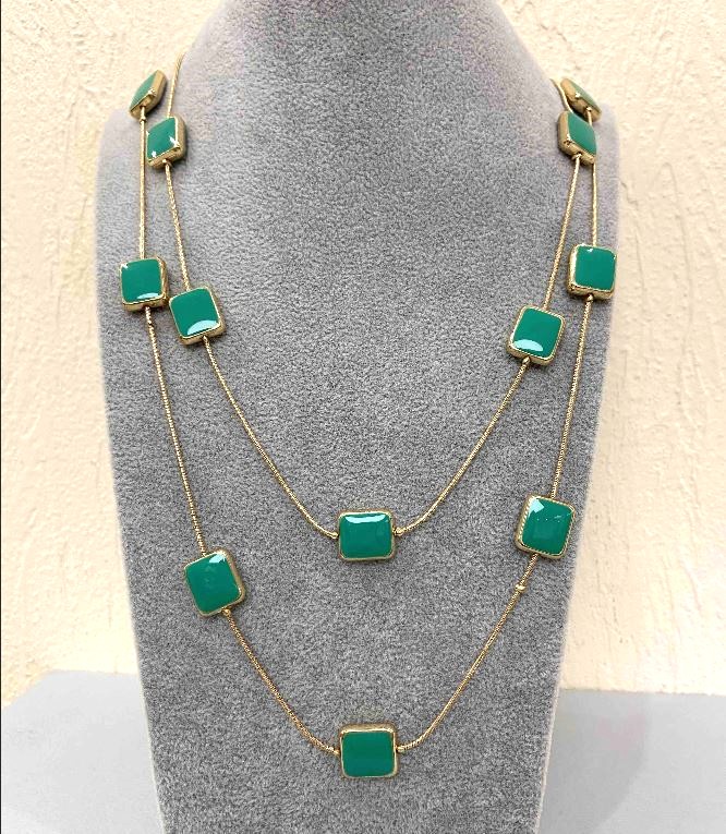 Colier Cascadă cu două rânduri de mărgele pătrate, lungime 80 cm, metal galben