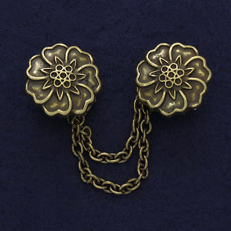 Broșă pentru cardiganuri, culoare bronz, diametrul 21 mm +/-, lanț, lungime 9 cm +/-