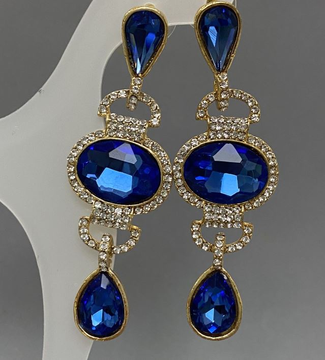 Cercei stud cu cristale albastre și strasuri albe, 23×70 mm ±