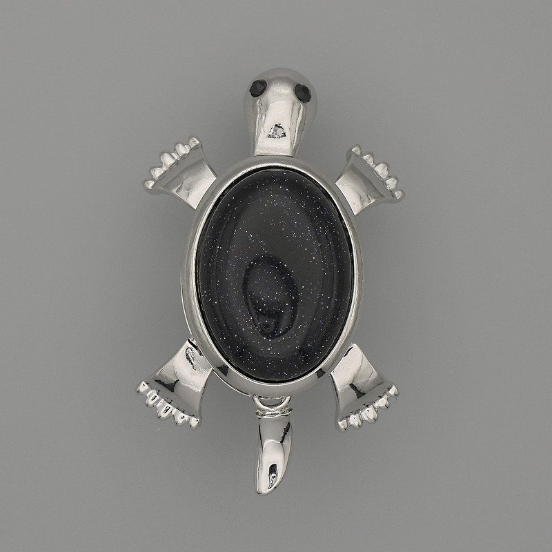 Broșă-pendulă «Țestoasă» cu aventurin Noaptea Cairo 52×35 mm ± piese mobile, metal argintiu
